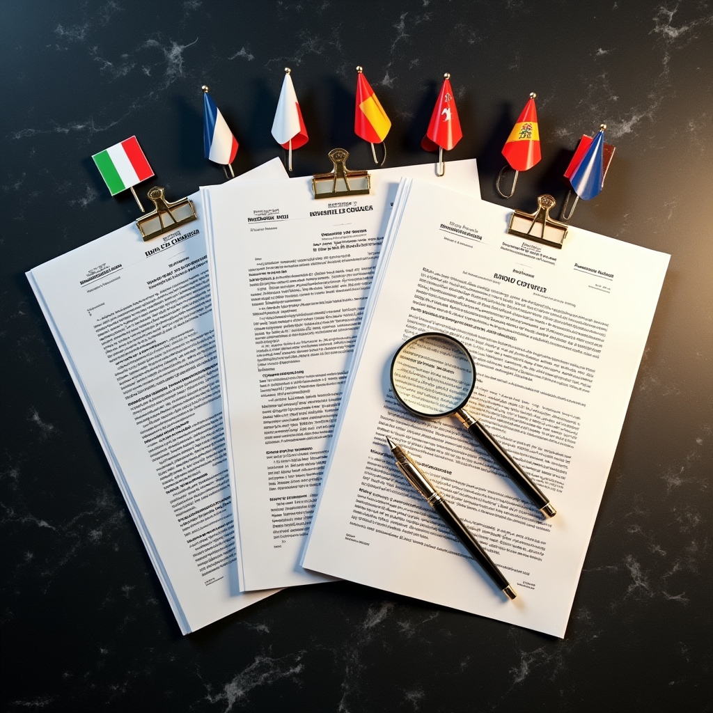 Documenti legali multilingue su scrivania con bandiere di diversi paesi europei