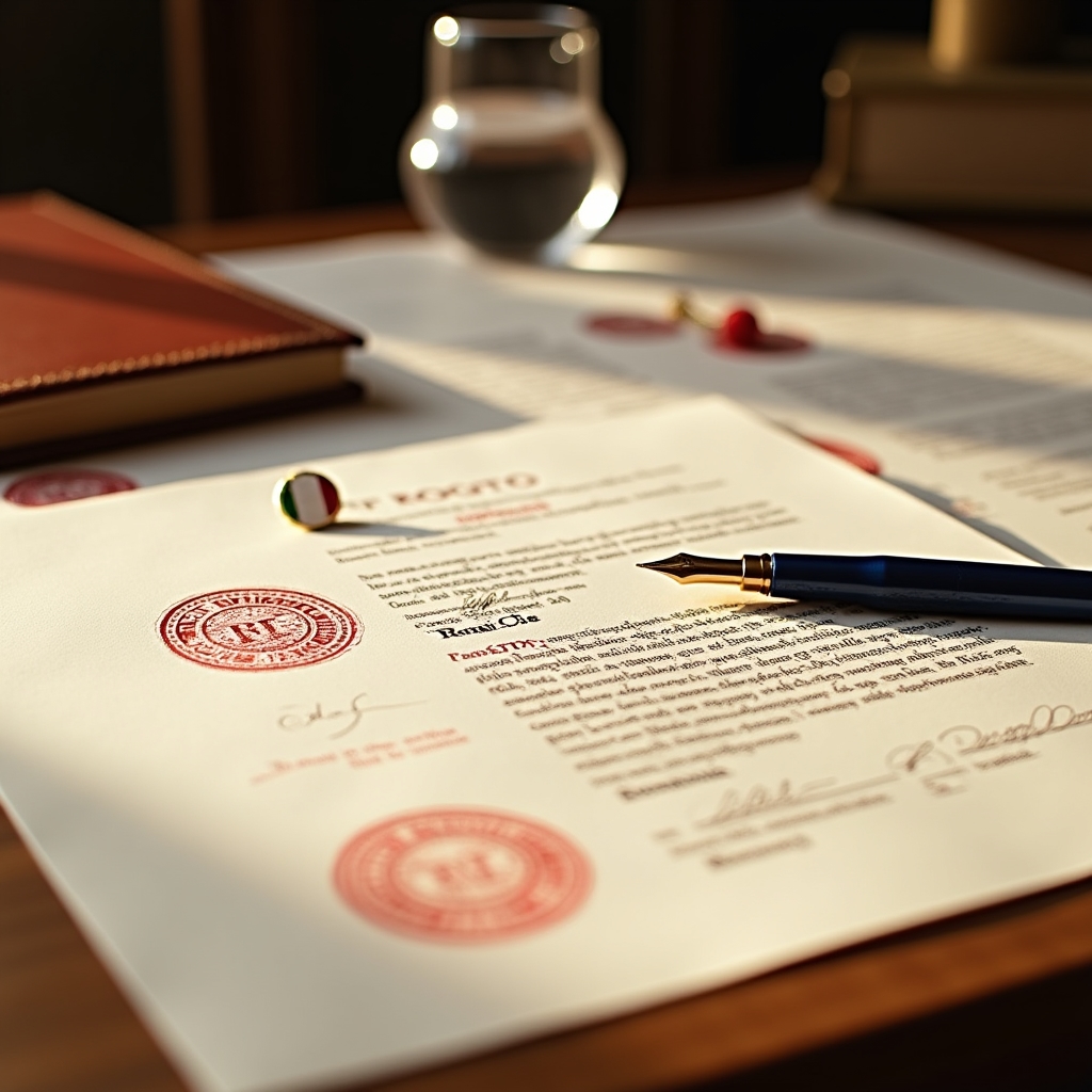 Documenti notarili su scrivania con sigilli e timbri ufficiali italiani