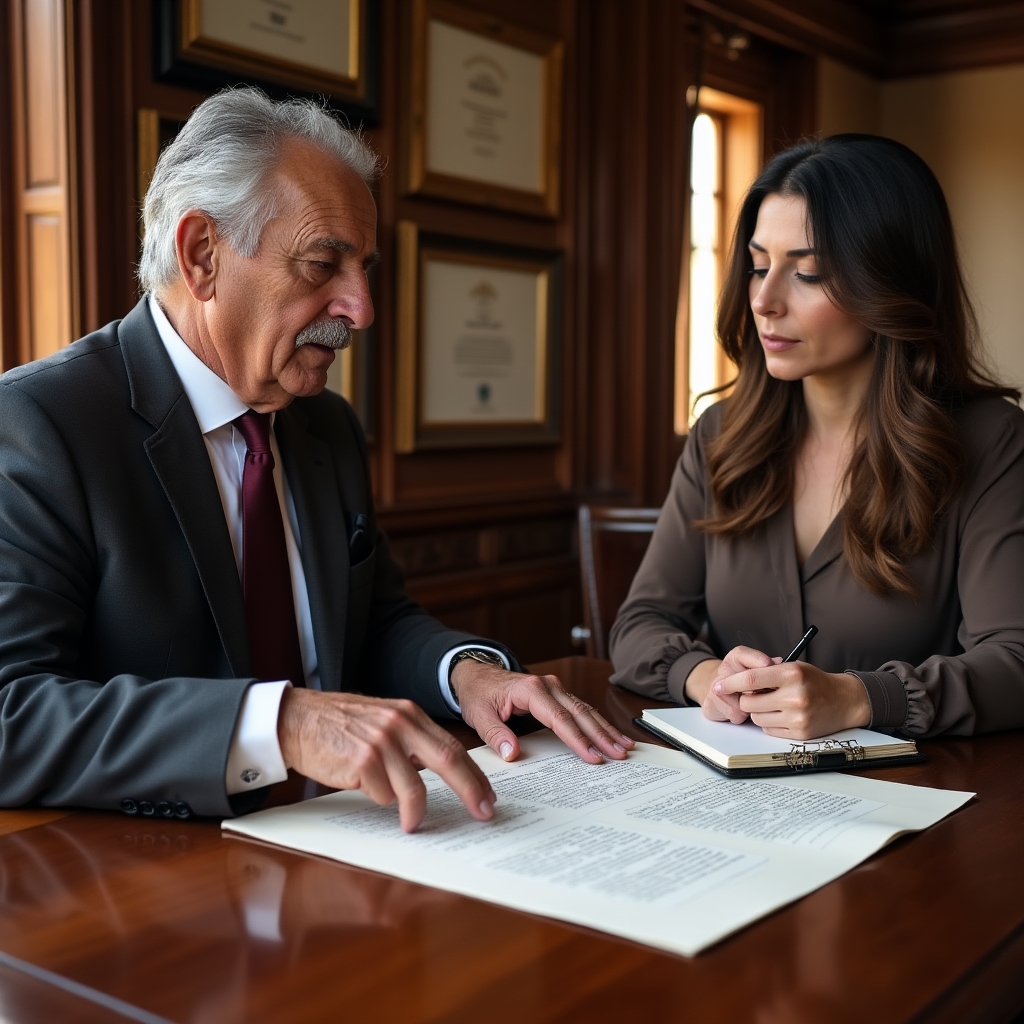 Notaio italiano che esamina documenti con cliente internazionale in studio professionale