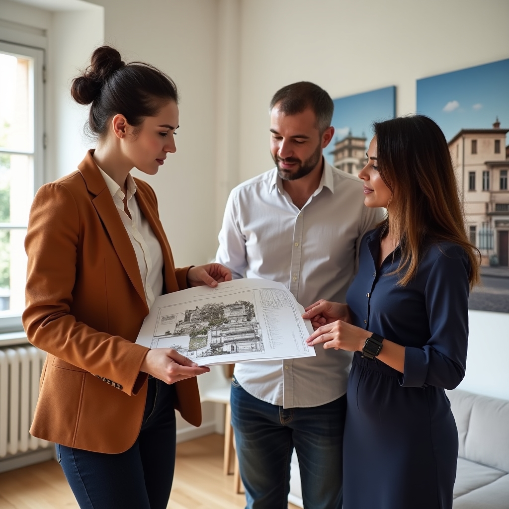 Agente immobiliare italiana che mostra documenti di proprietà a coppia internazionale in ufficio moderno