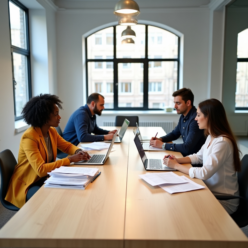 Team di traduttori in riunione di revisione documenti legali in ufficio professionale